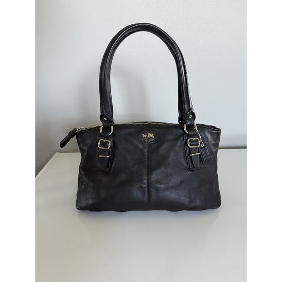 Coach Black Leather Handbag Zipper Purple Interior 10.5”x5”x6” - Picture 2 of 13